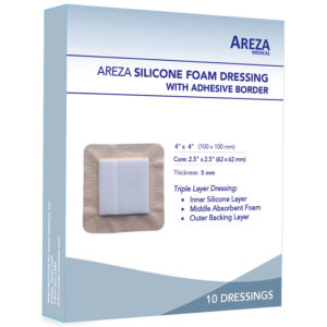 Silicone Foam Dressing (Adhesive Border) - Shop at Areza Medical for Transparent Adhesive Dressing, Antibacterial Alginate with Silver, Calcium Alginate Wound Dressing, Foam Dressing with Adhesive Border, Hemostatic Dressing, Island Dressing (Bordered Gauze), Ostomy Silicone Foam Dressing, Polyurethane Foam Dressing, Silicone Foam Dressing with Adhesive Border, Silver Foam Dressing, & Silver Foam Dressing with Border.